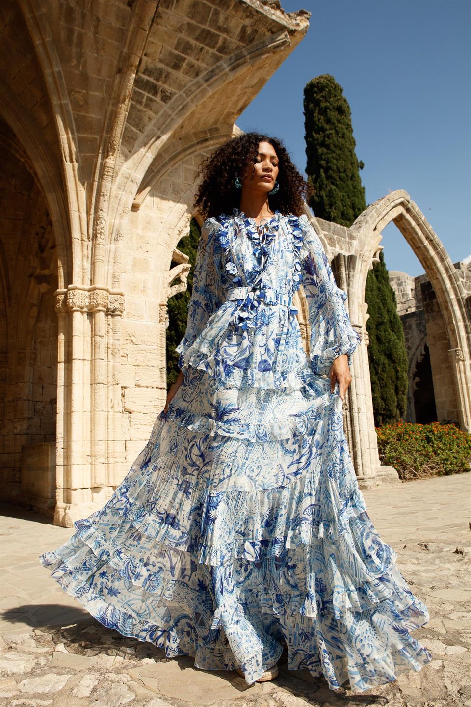 Şifon Dijital Baskılı Elbise MAVİ