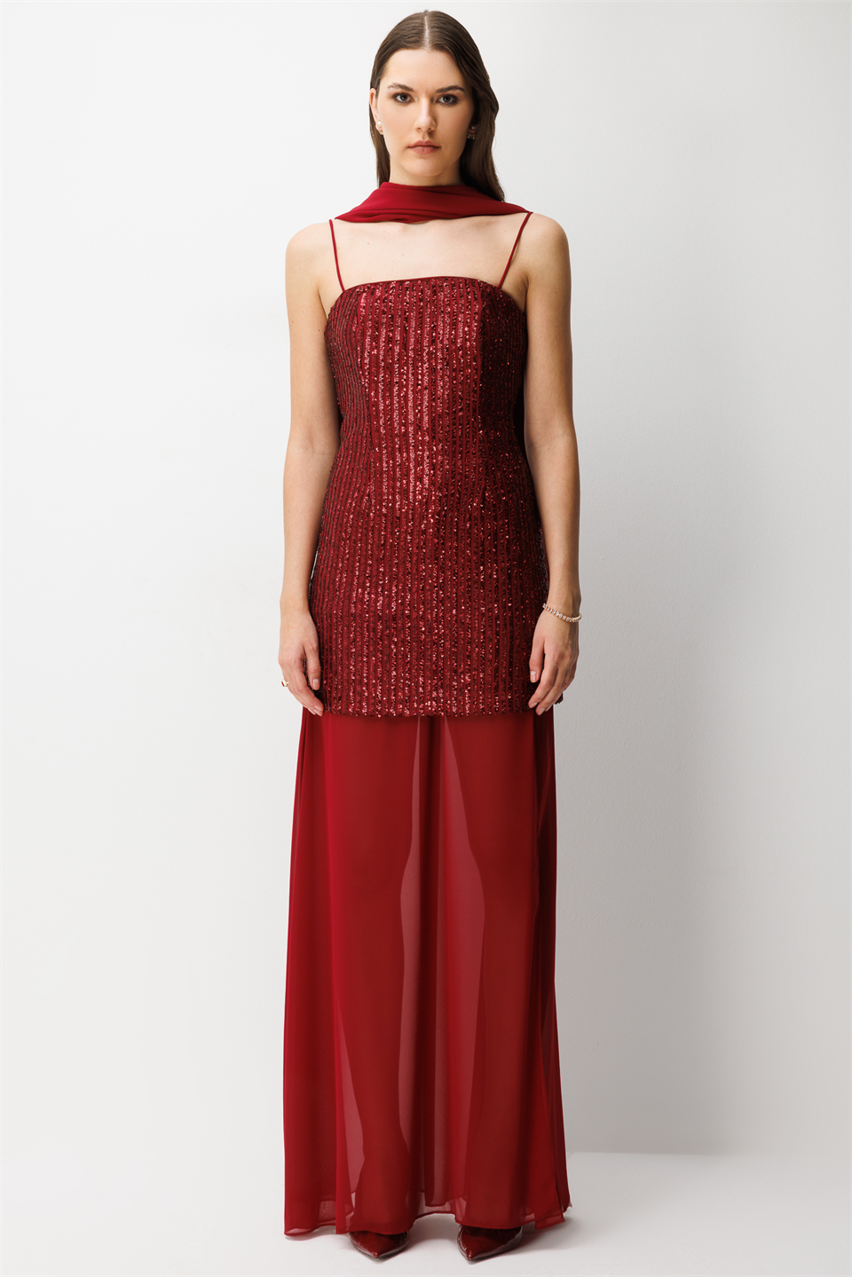 Şifon Şal ve Etek Set Mini  Payetli Elbise BORDO