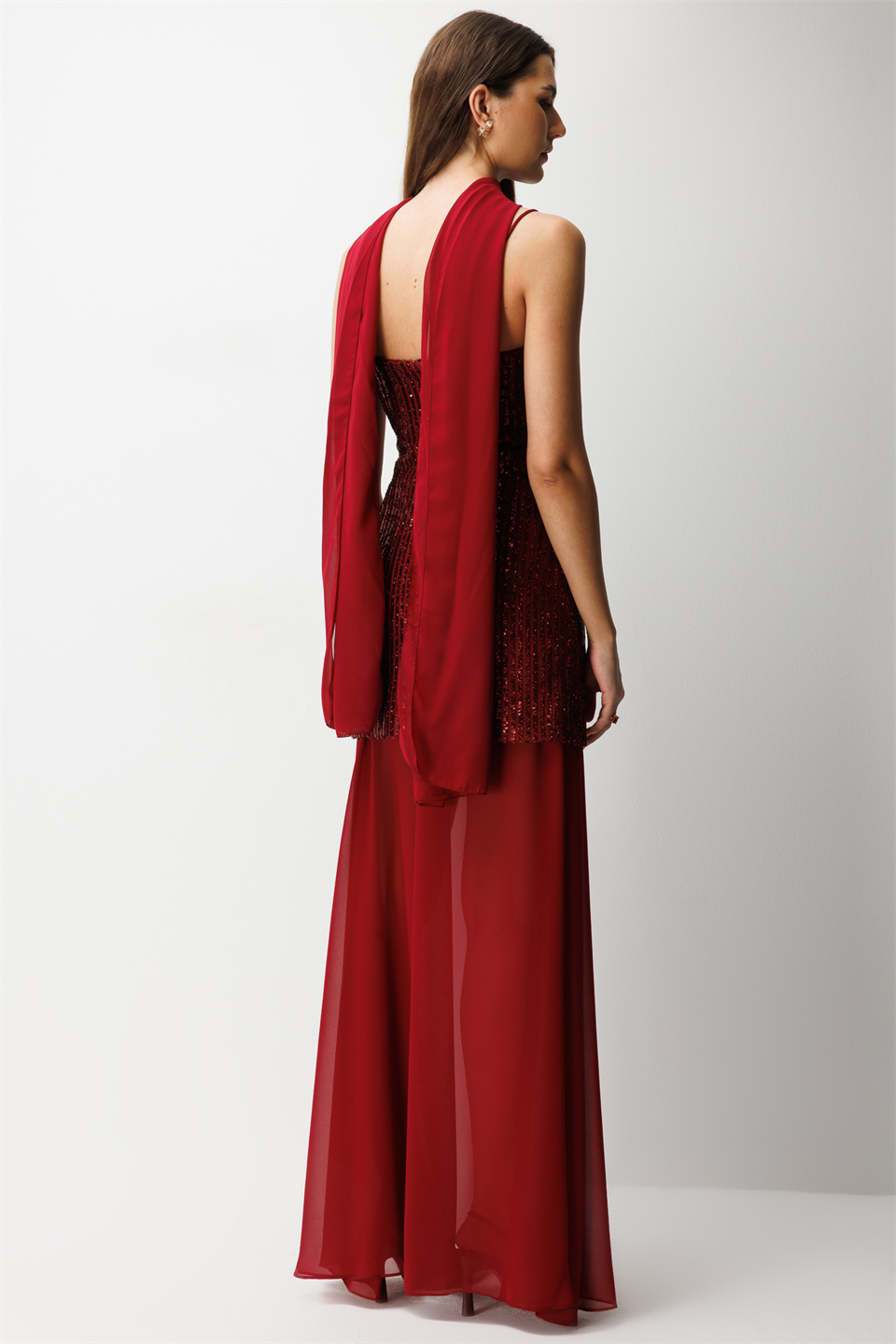 Şifon Şal ve Etek Set Mini  Payetli Elbise BORDO