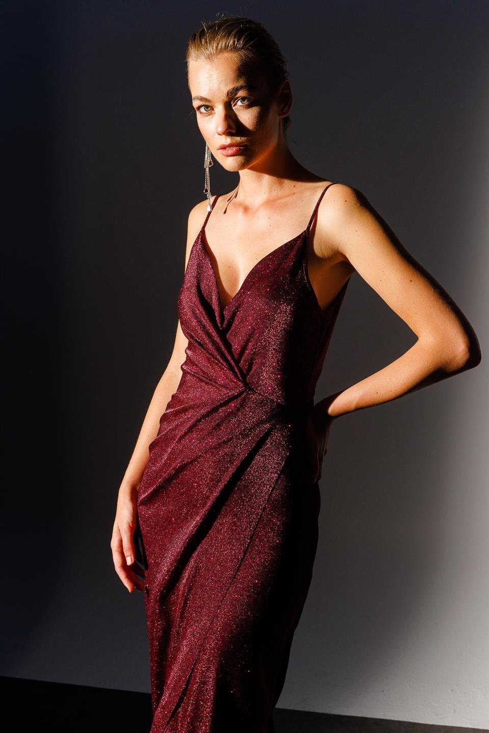 Simli Gece Elbise BORDO