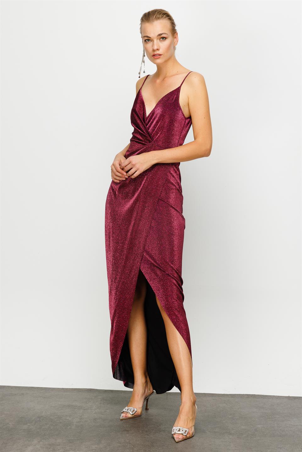 Simli Gece Elbise BORDO