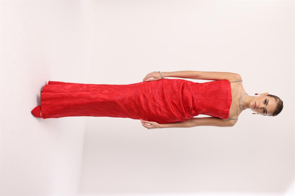 Straplez Jakar Elbise KIRMIZI