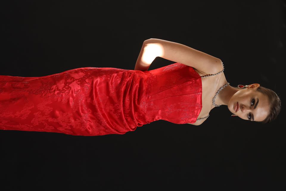 Straplez Jakar Elbise KIRMIZI