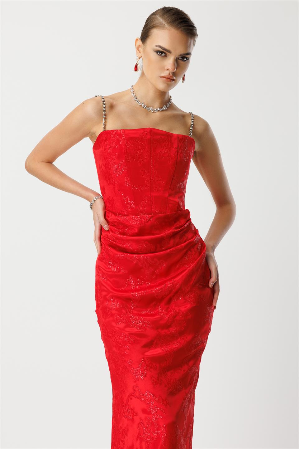 Straplez Jakar Elbise KIRMIZI