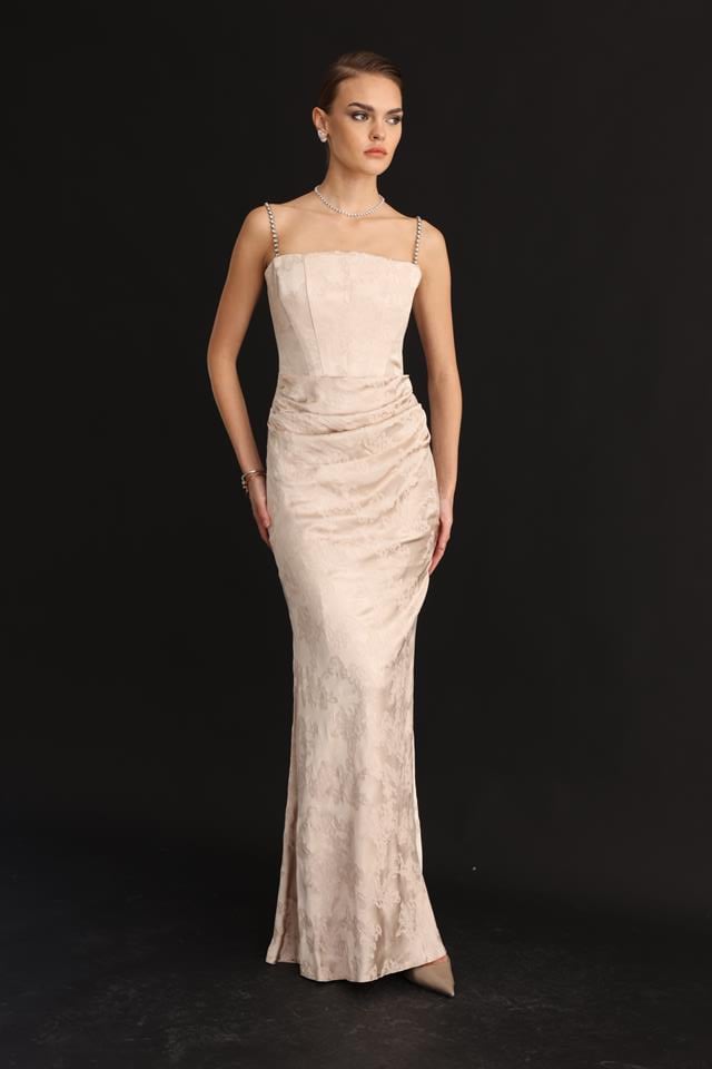 Straplez Jakar Elbise VİZON