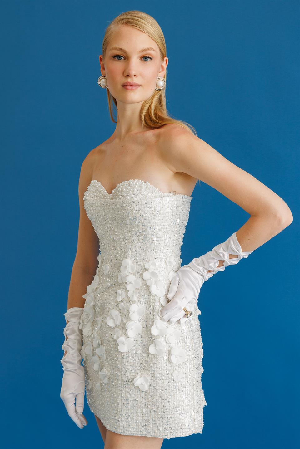 Strapless Heart-shaped Tulle Glove Sequin Short Evening Dress WHITE