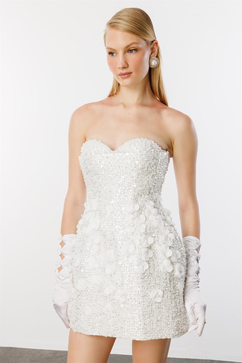 Strapless Heart-shaped Tulle Glove Sequin Short Evening Dress WHITE