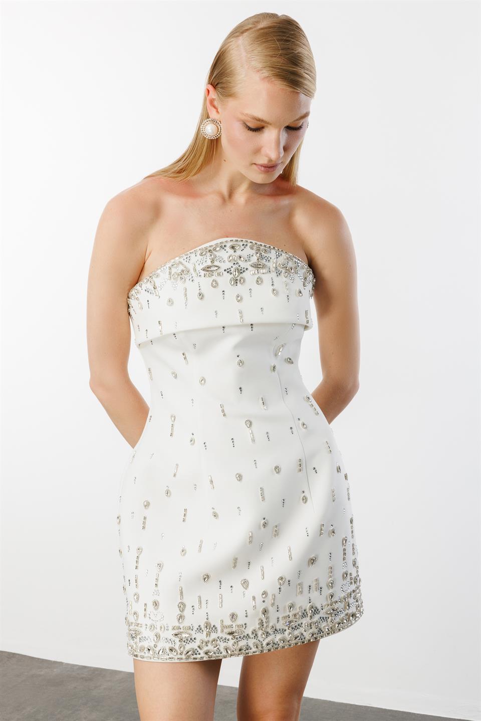 Strapless Stoned Crepe Short Evening Dress WHITE