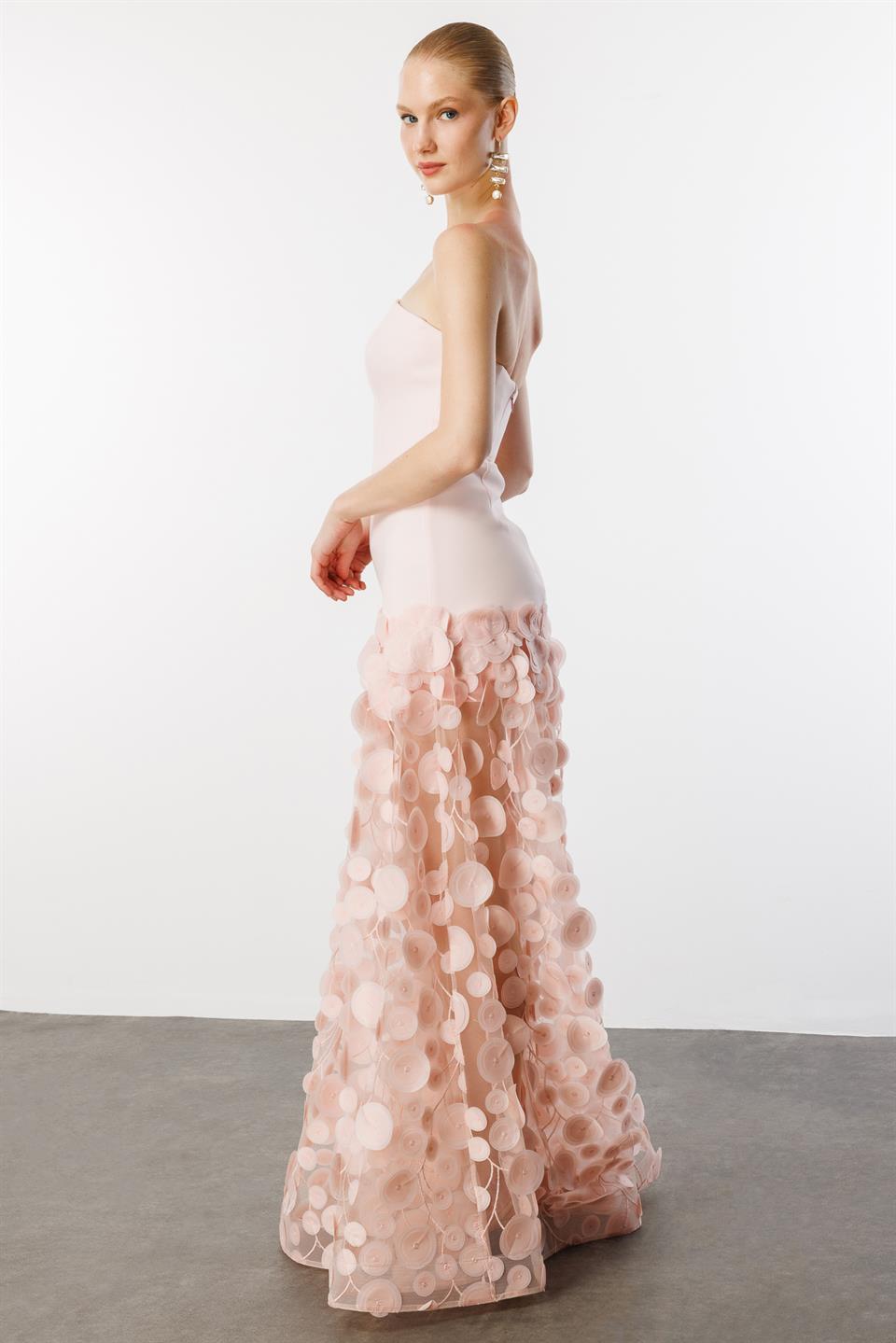 Strapless Top Crepe Skirt 3D Tulle Long Evening Dress PINK