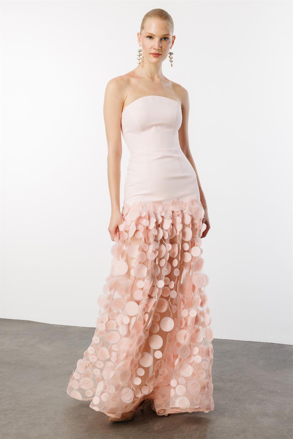 Strapless Top Crepe Skirt 3D Tulle Long Evening Dress PINK