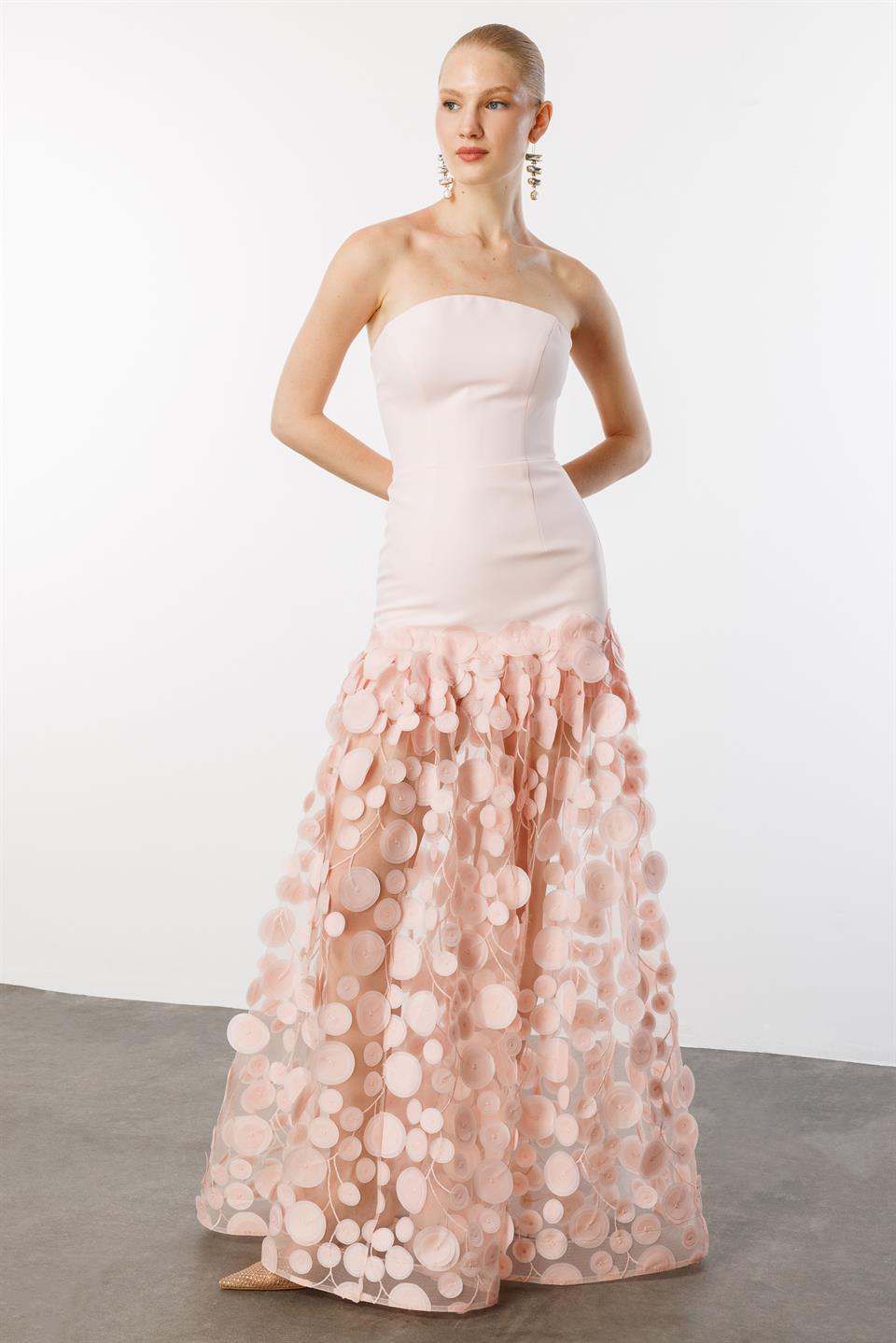 Strapless Top Crepe Skirt 3D Tulle Long Evening Dress PINK