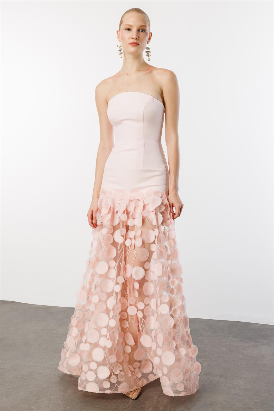 Strapless Top Crepe Skirt 3D Tulle Long Evening Dress PINK