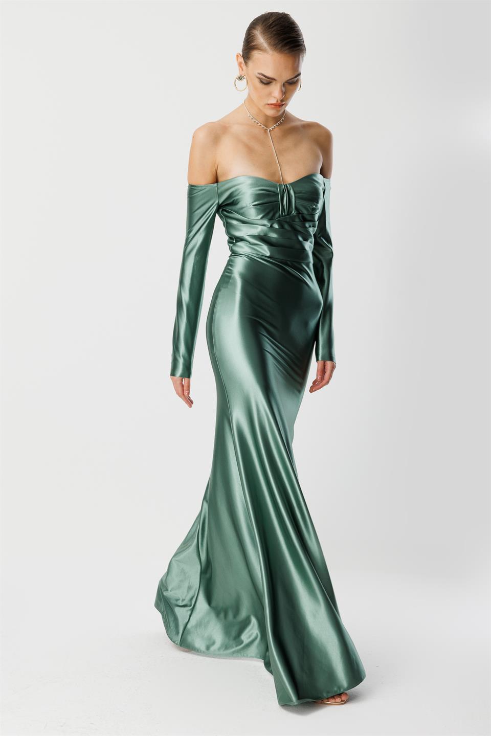 Straplez Uzun Kol Saten Elbise YEŞİL