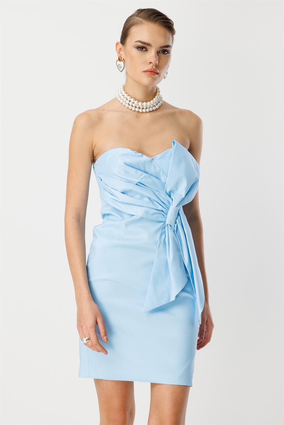 Tafta Fiyonk Detay Mini Elbise BEBE MAVİ