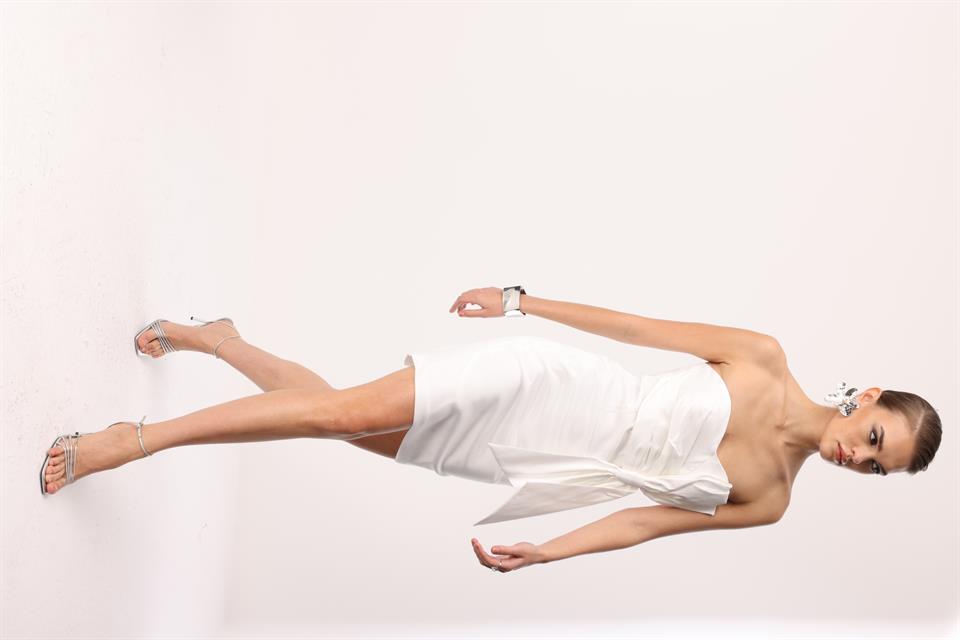 Tafta Fiyonk Detay Mini Elbise EKRU