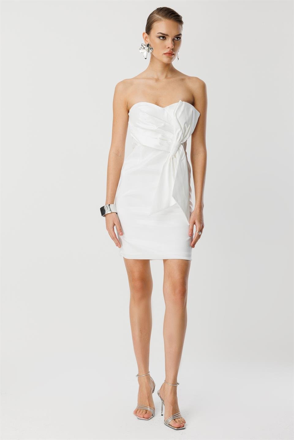 Tafta Fiyonk Detay Mini Elbise EKRU