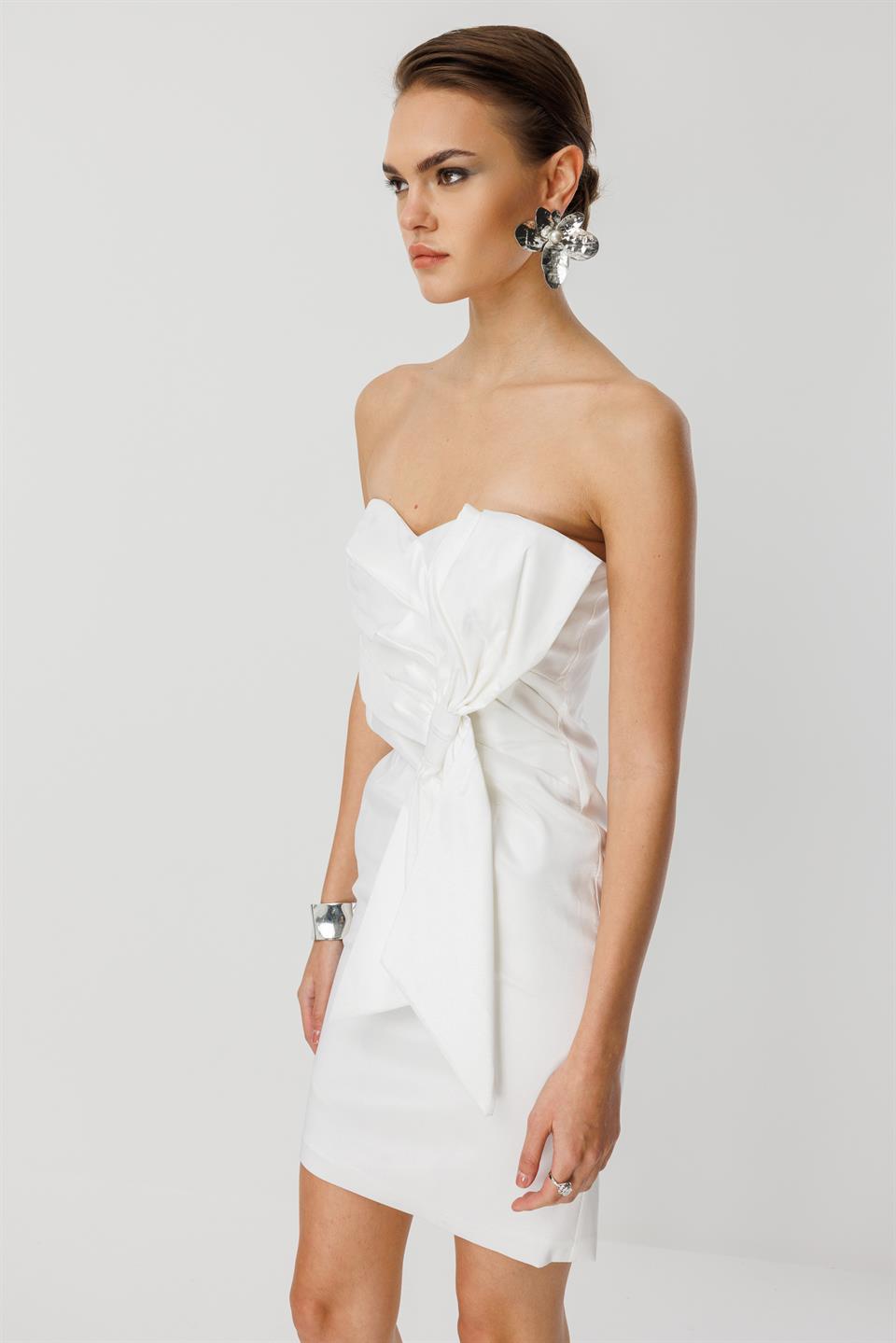 Tafta Fiyonk Detay Mini Elbise EKRU