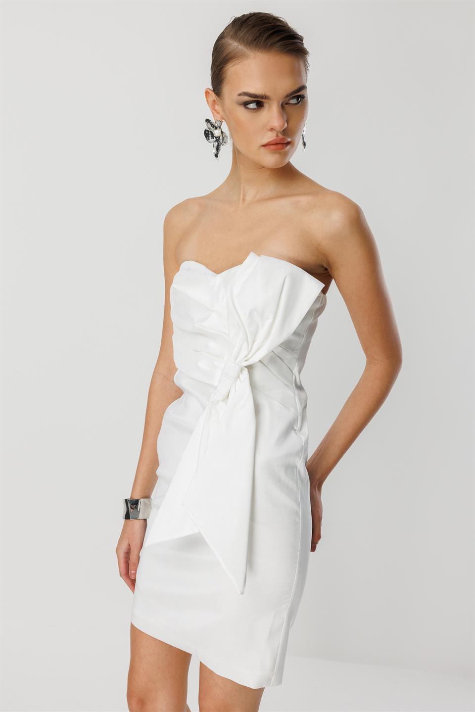 Tafta Fiyonk Detay Mini Elbise EKRU