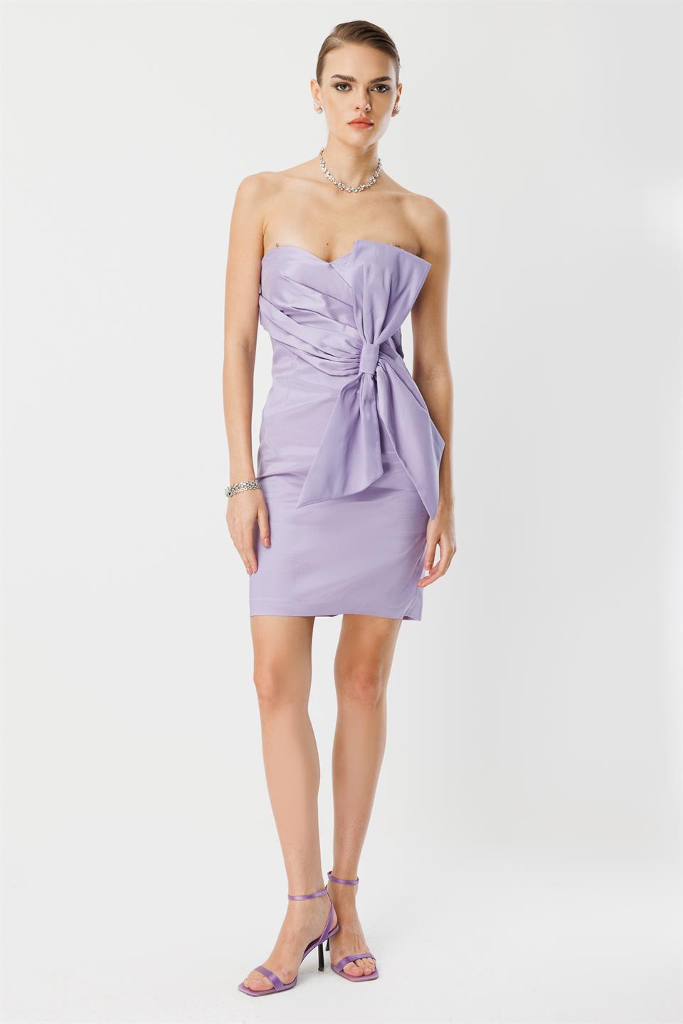 Tafta Fiyonk Detay Mini Elbise LİLA