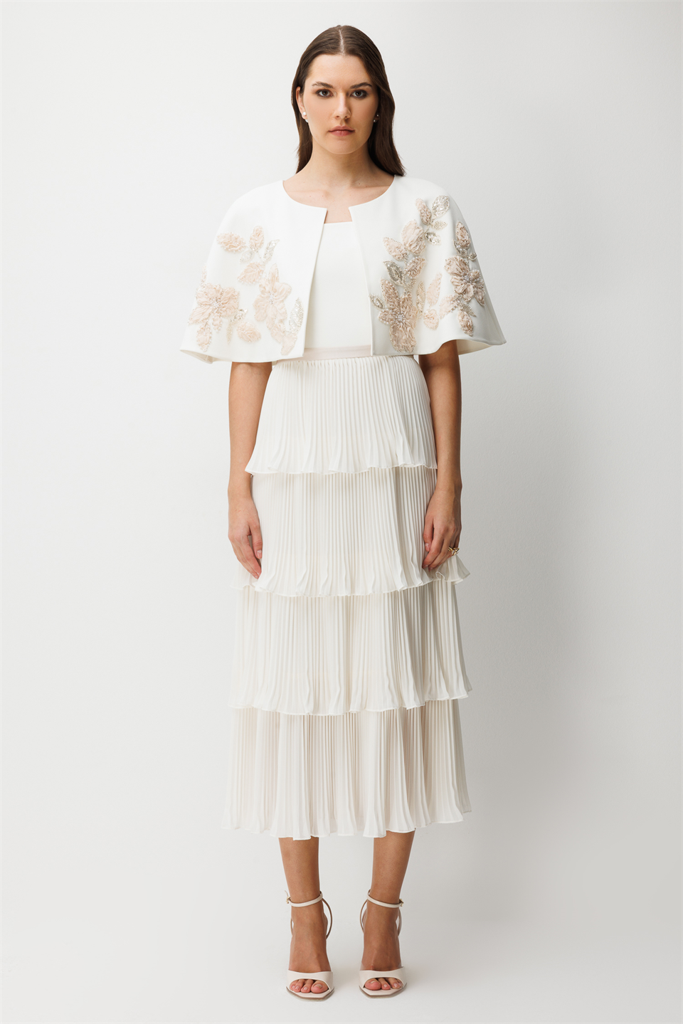 Floral Embroidered Cape & Pleated Midi Dress Set  Ecru