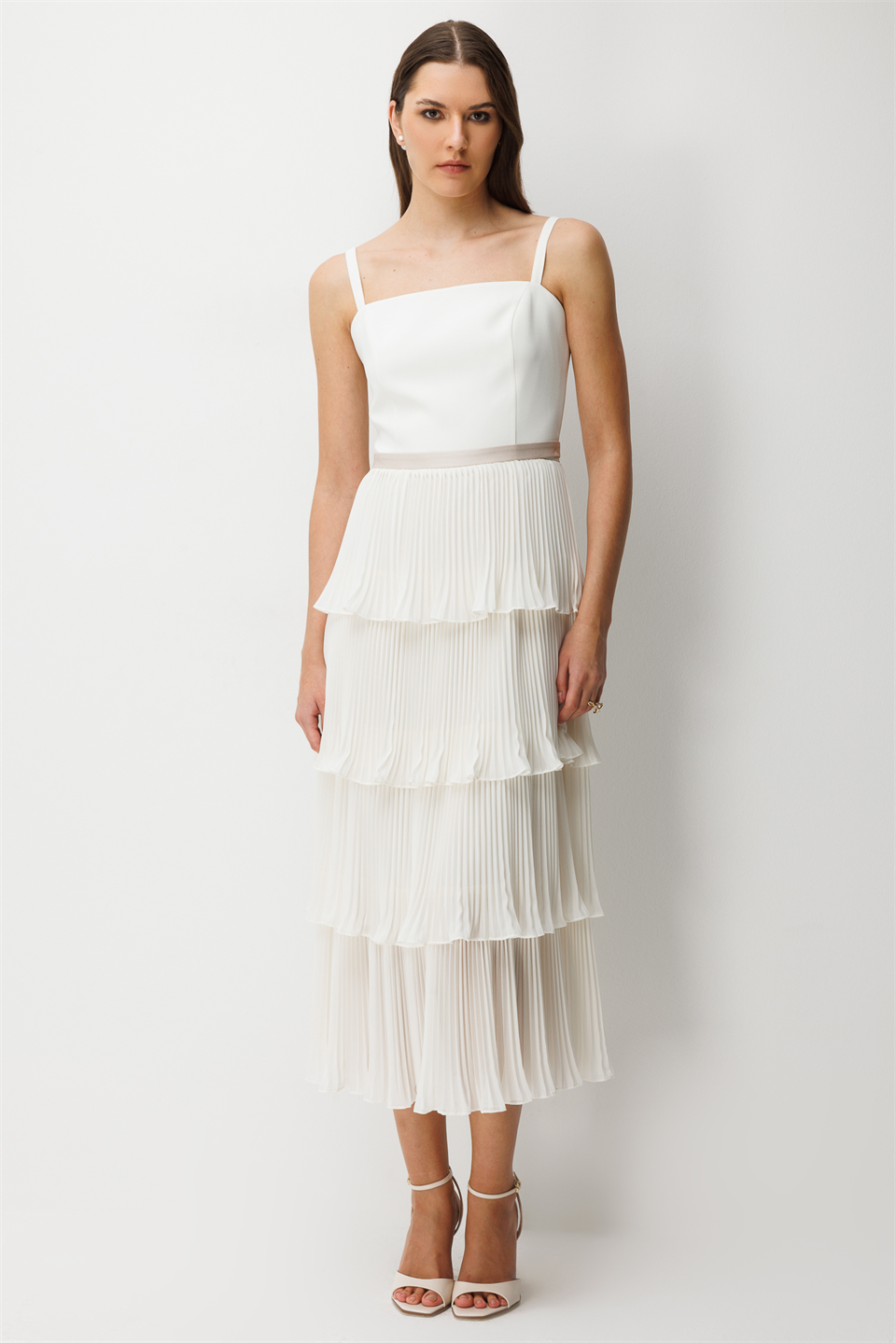 Floral Embroidered Cape & Pleated Midi Dress Set  Ecru