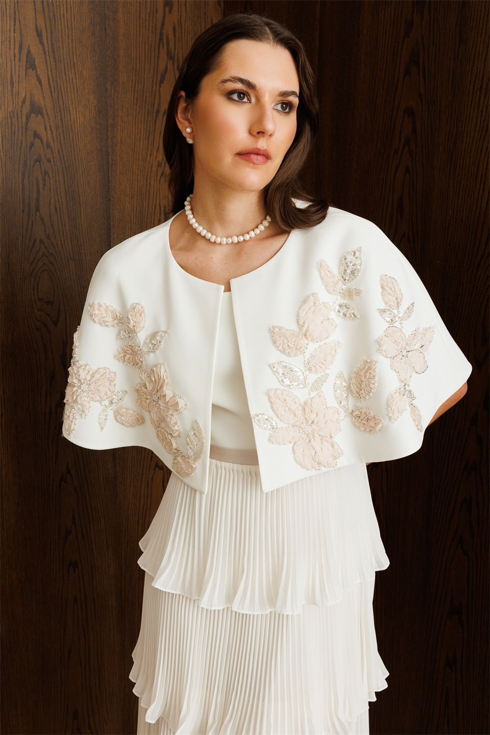 Floral Embroidered Cape & Pleated Midi Dress Set  Ecru