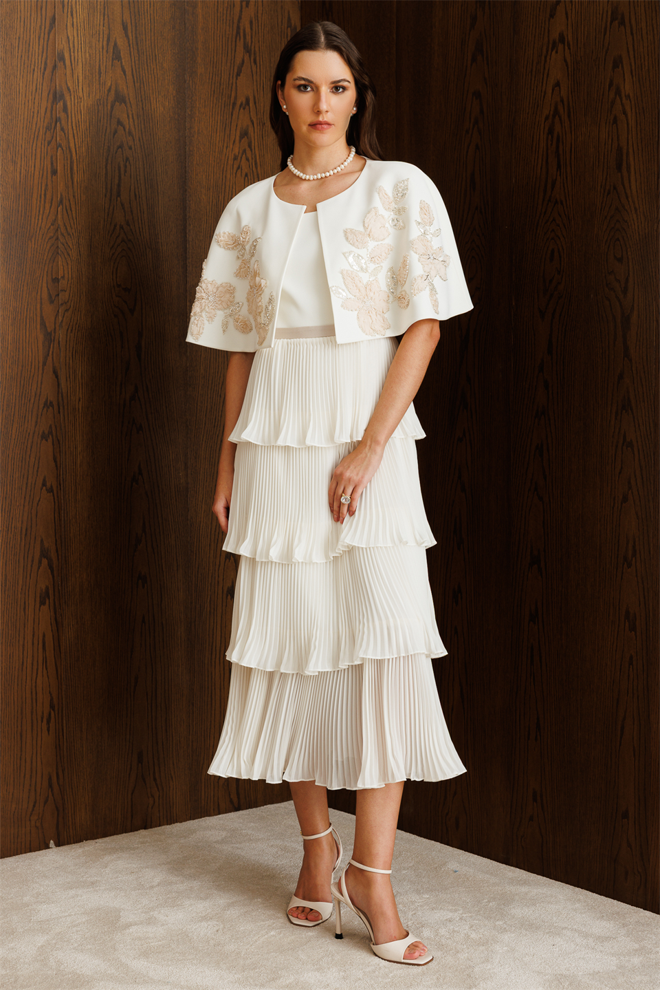 Floral Embroidered Cape & Pleated Midi Dress Set  Ecru