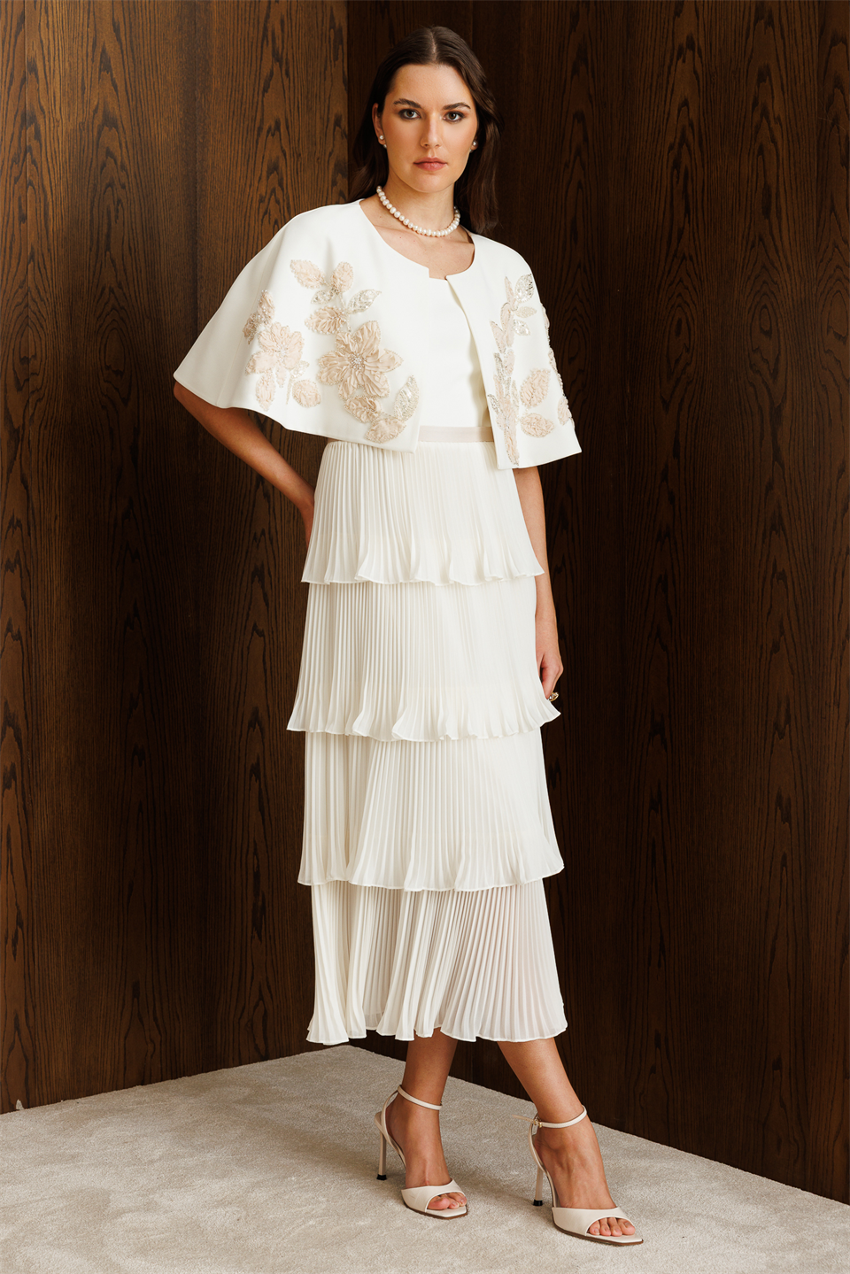 Floral Embroidered Cape & Pleated Midi Dress Set  Ecru