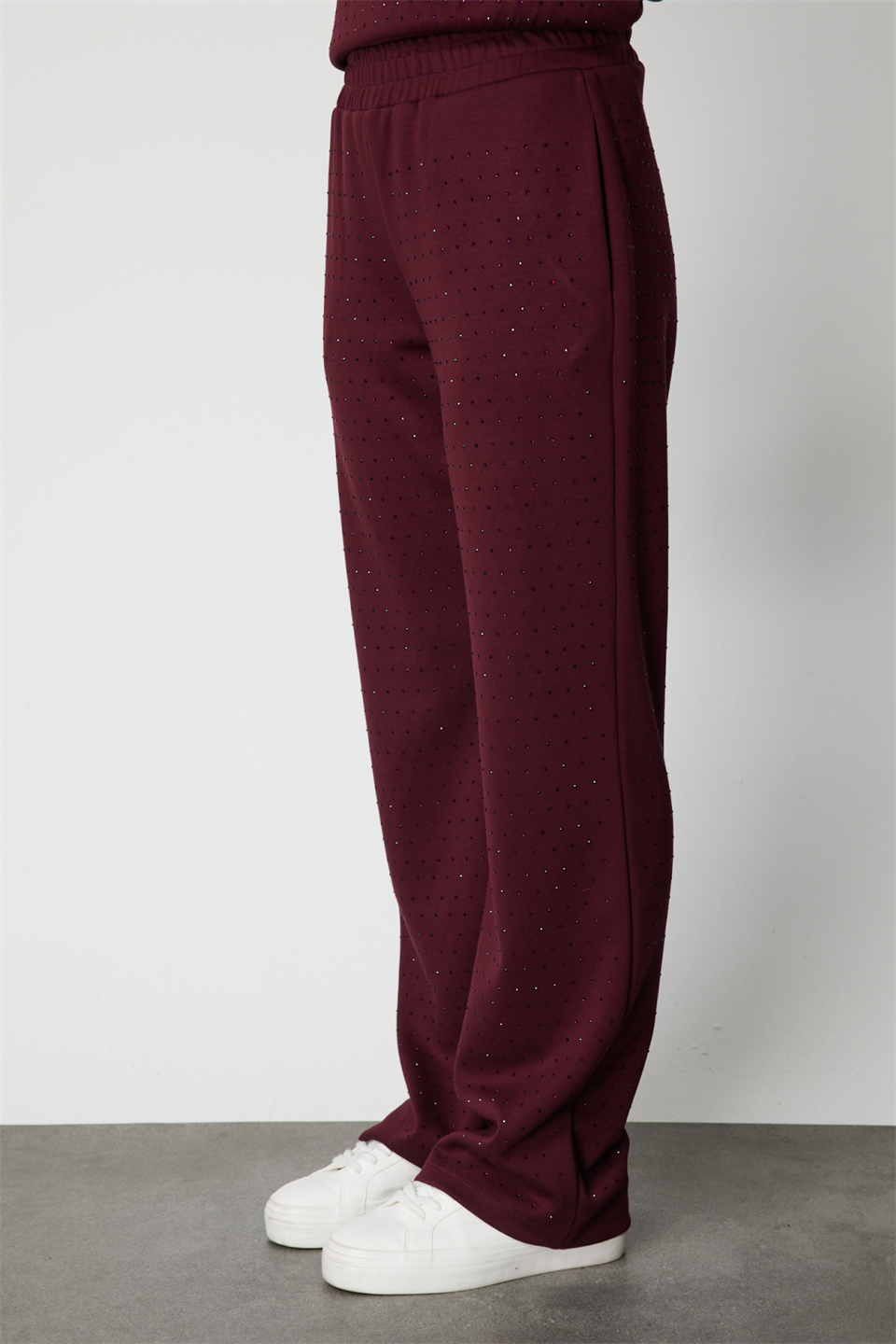Tamamı Taşlı Bol Paça Eşofman Alt BORDO