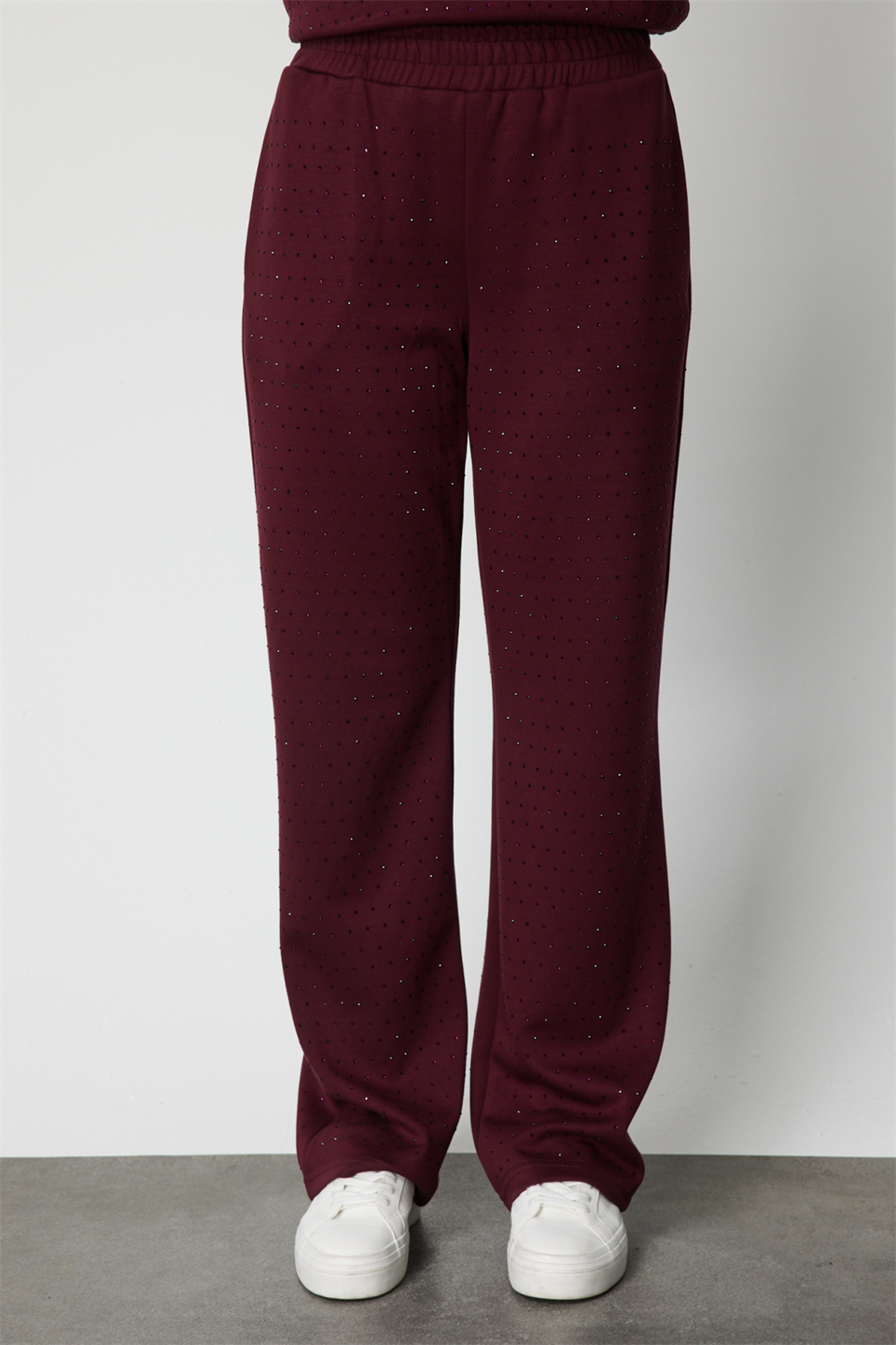 Tamamı Taşlı Bol Paça Eşofman Alt BORDO