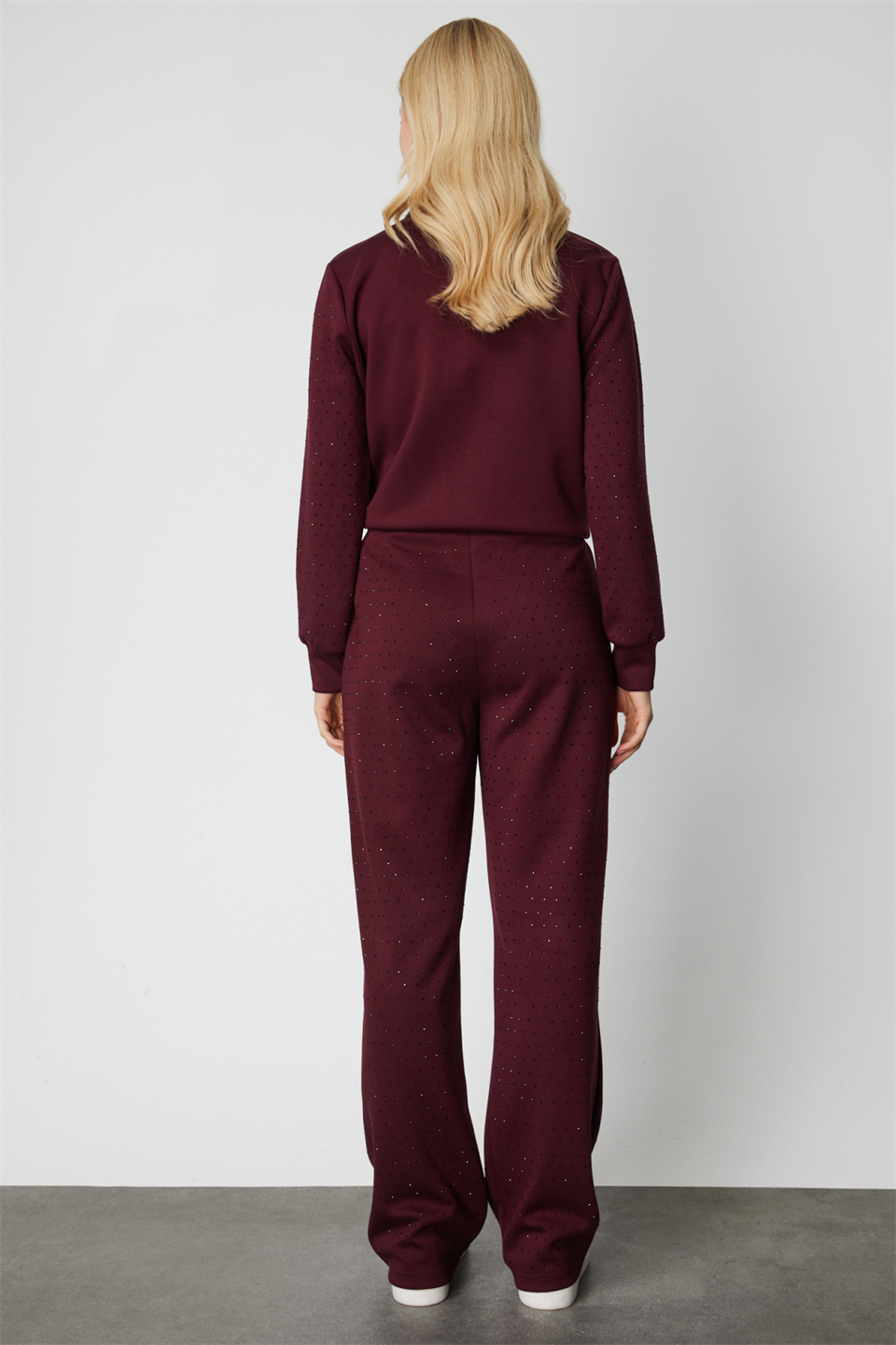 Tamamı Taşlı Bol Paça Eşofman Alt BORDO