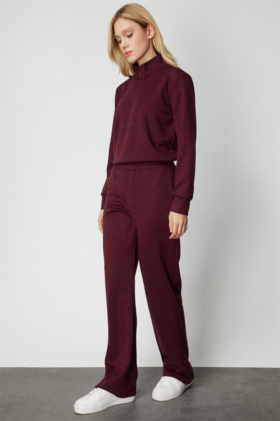 Tamamı Taşlı Bol Paça Eşofman Alt BORDO