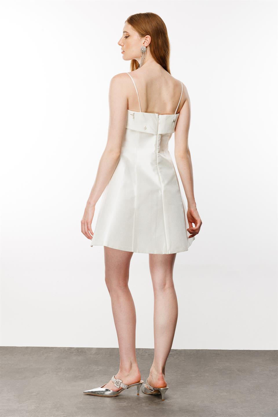 Taş Aksesuarlı İnce Askılı Elbise BEJ