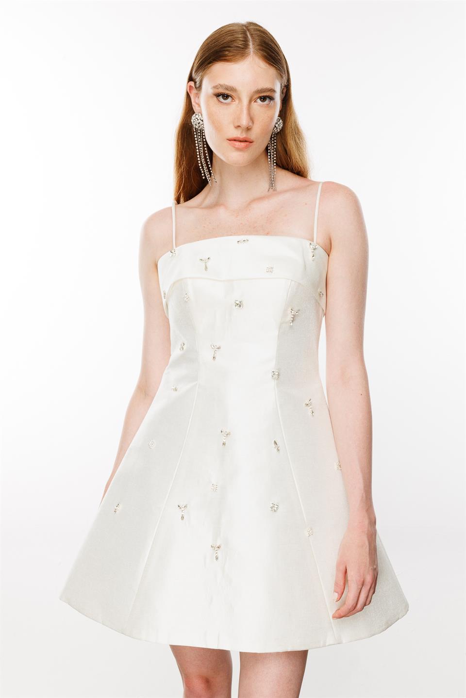 Taş Aksesuarlı İnce Askılı Elbise BEJ