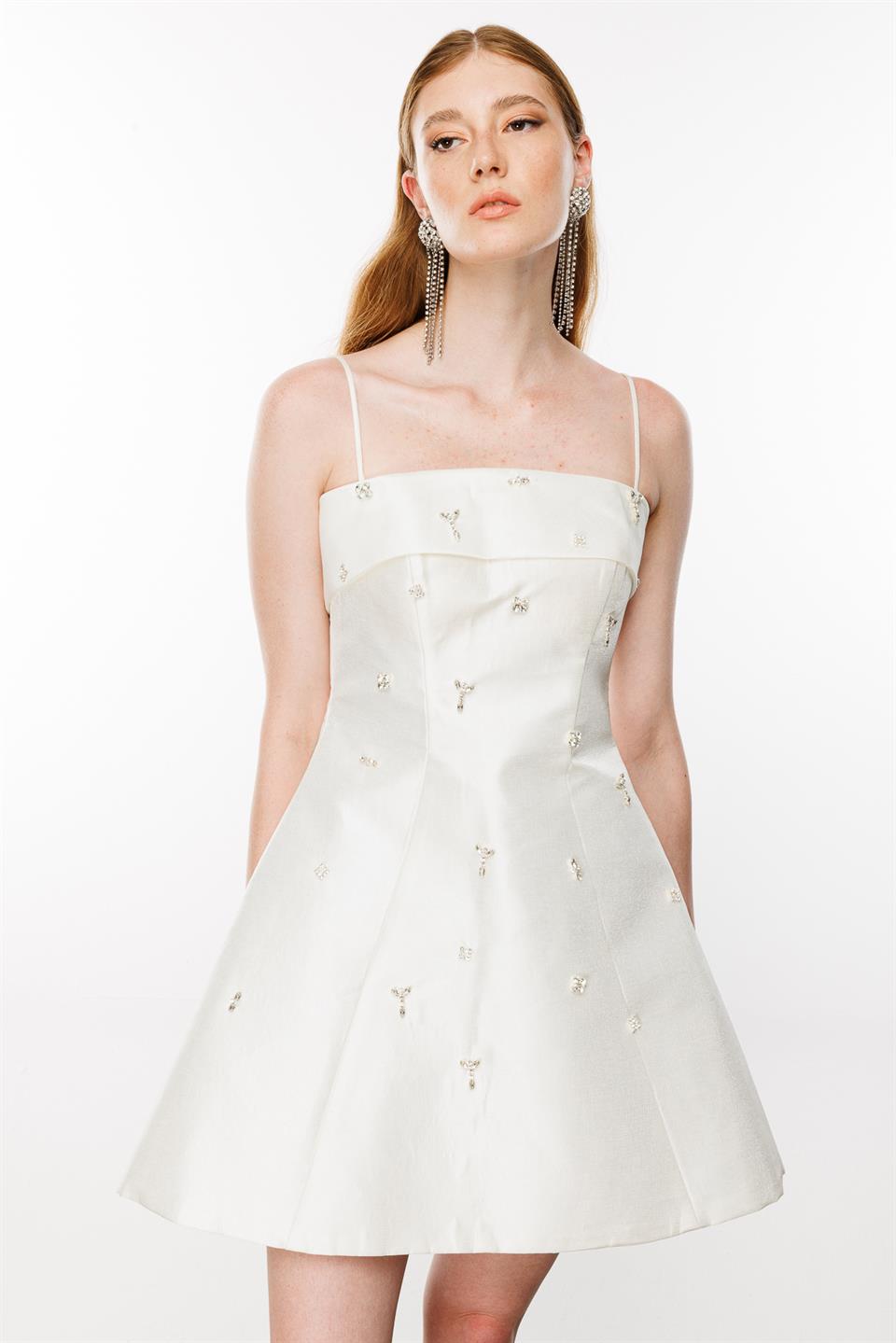 Taş Aksesuarlı İnce Askılı Elbise EKRU
