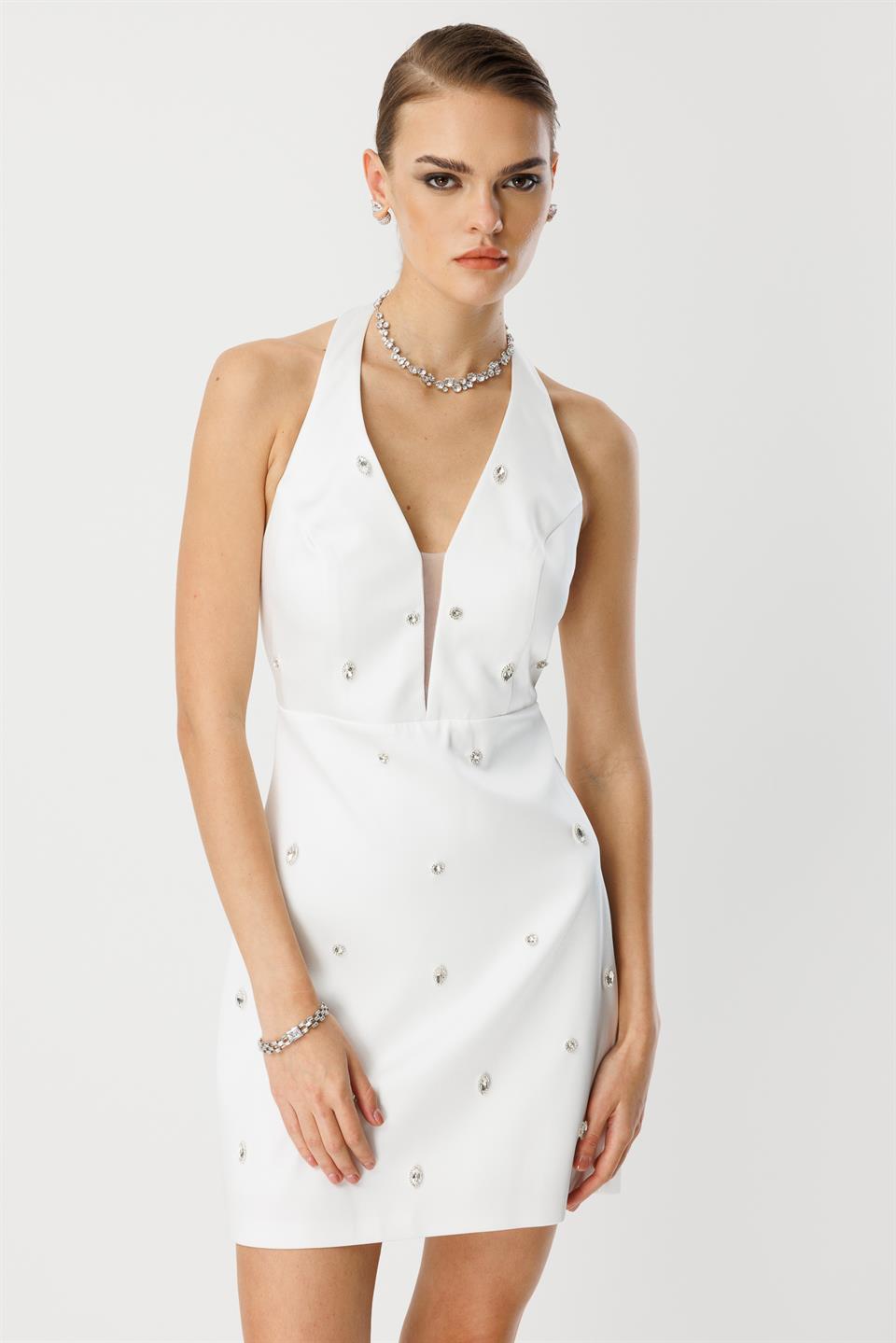 Taş Detay Mini Elbise EKRU