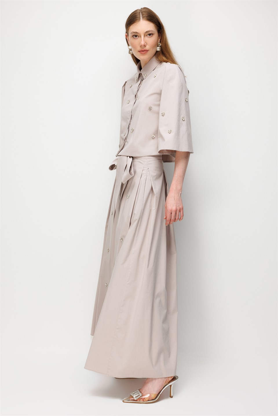 Stone Embellished Pleated Skirt Beige