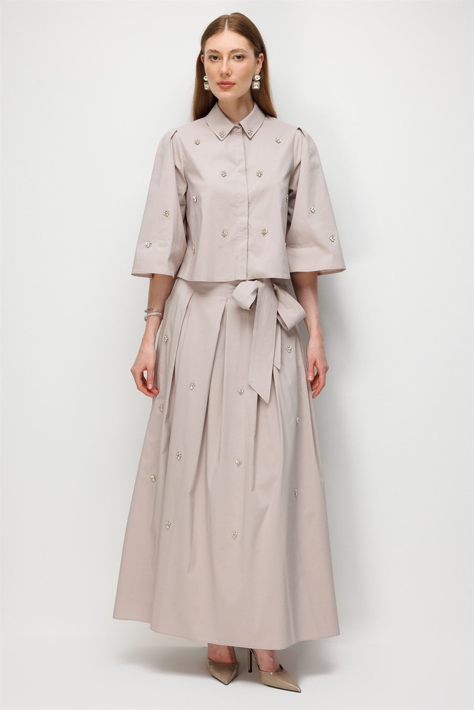 Stone Embellished Pleated Skirt Beige