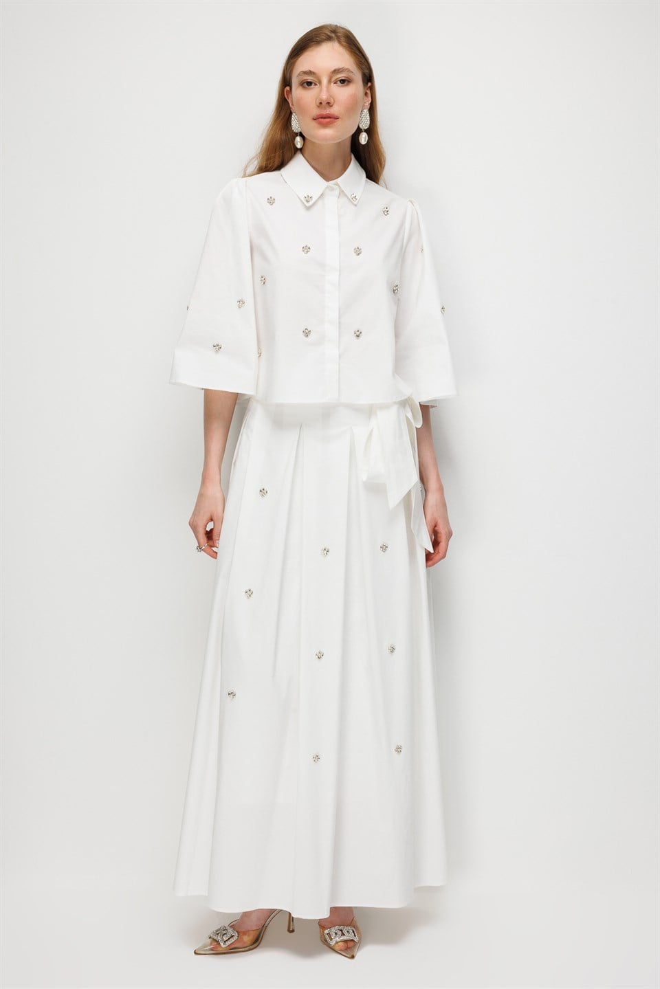 Stone Embellished Pleated Skirt Ecru