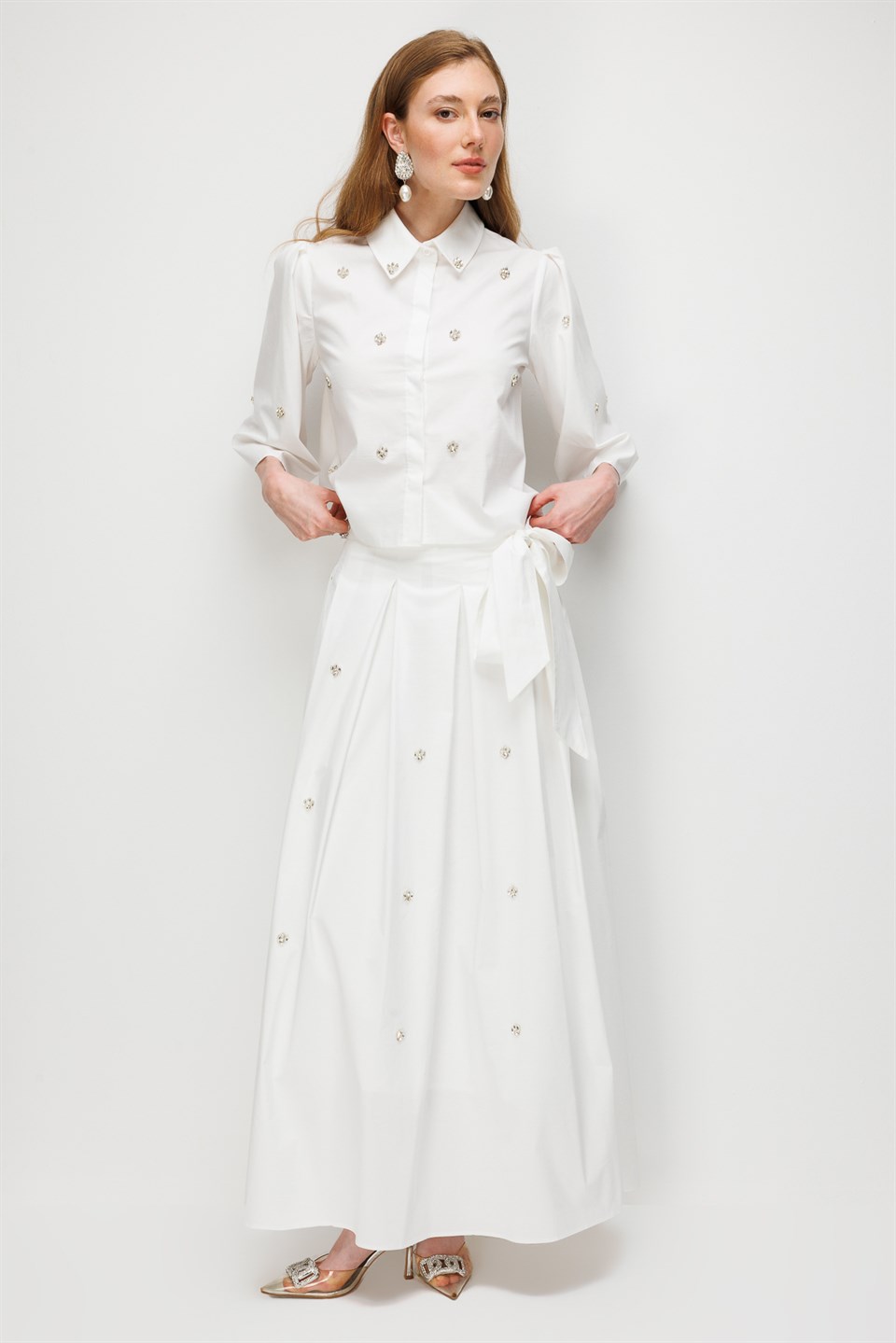 Stone Embellished Pleated Skirt Ecru