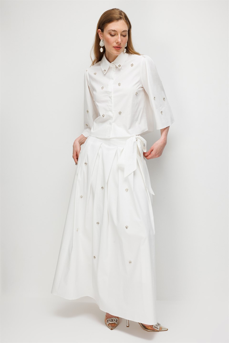 Stone Embellished Pleated Skirt Ecru