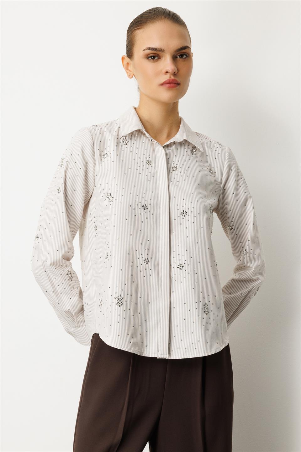 Taş İşlemel Çizgili i Gömlek BEJ
