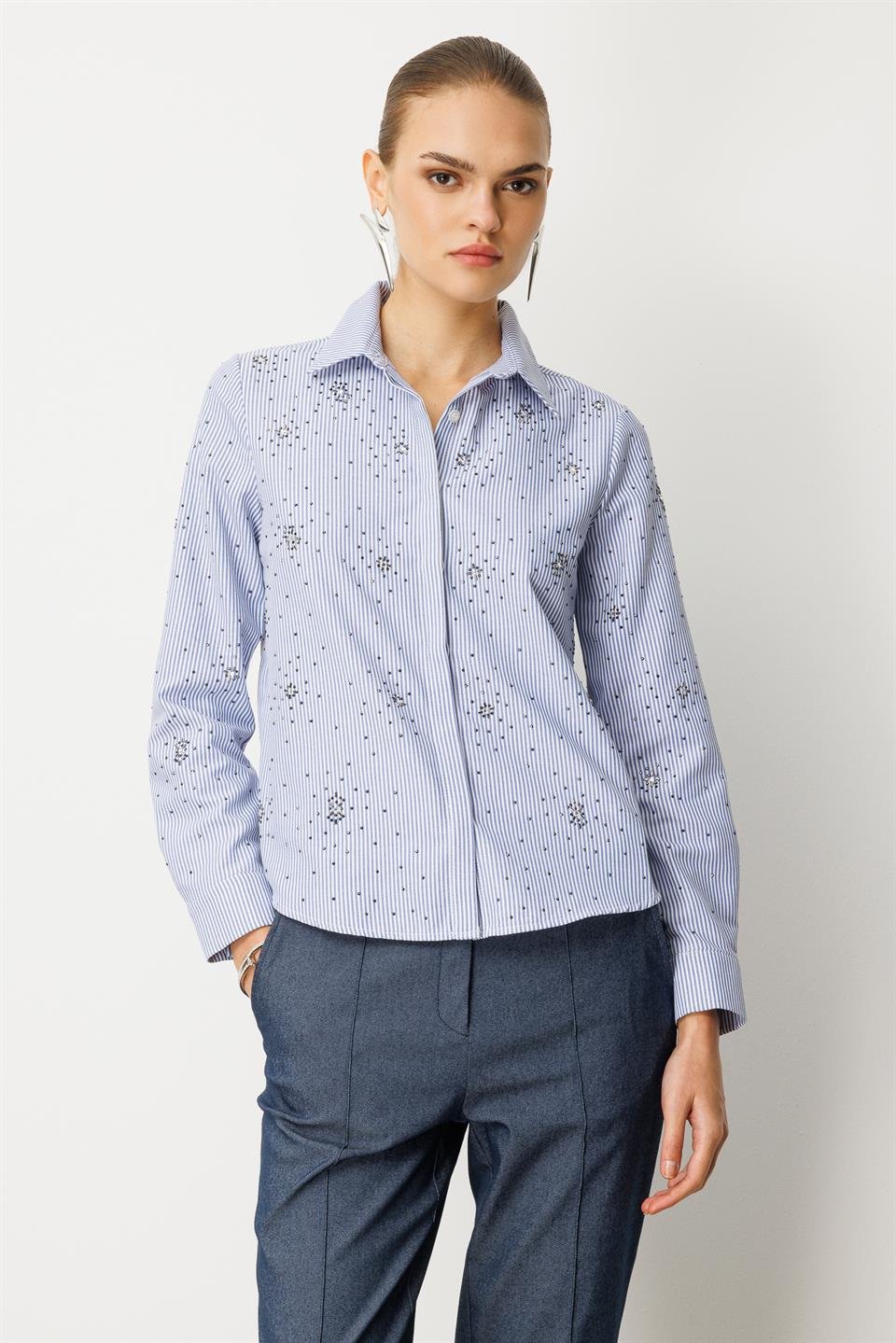 Taş İşlemel Çizgili i Gömlek LACİVERT