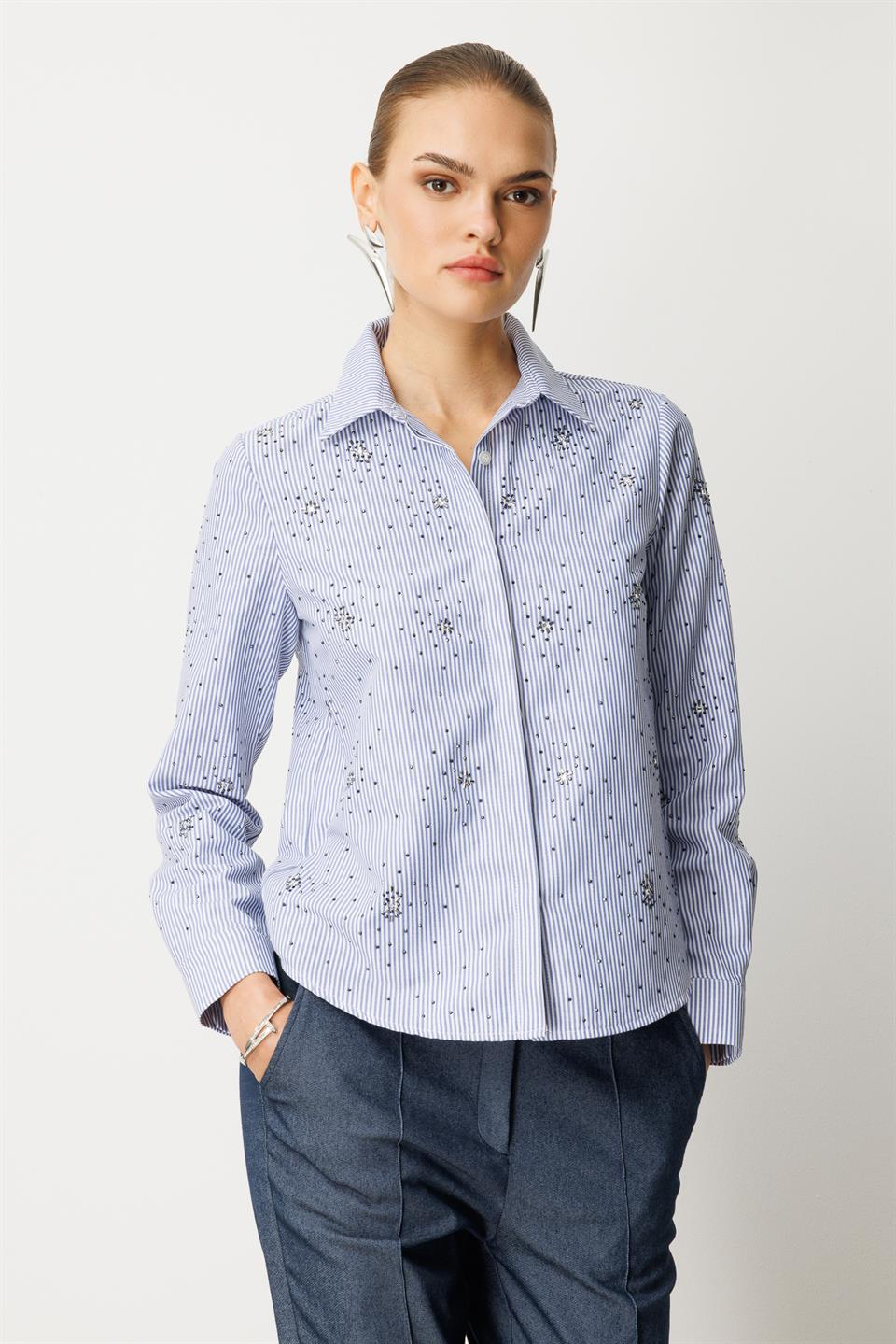 Taş İşlemel Çizgili i Gömlek LACİVERT