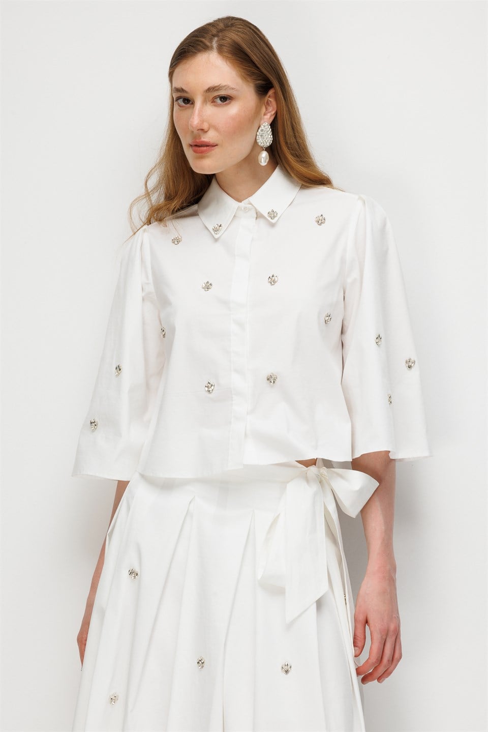 Stone Embellished Poplin Shirt, Ecru