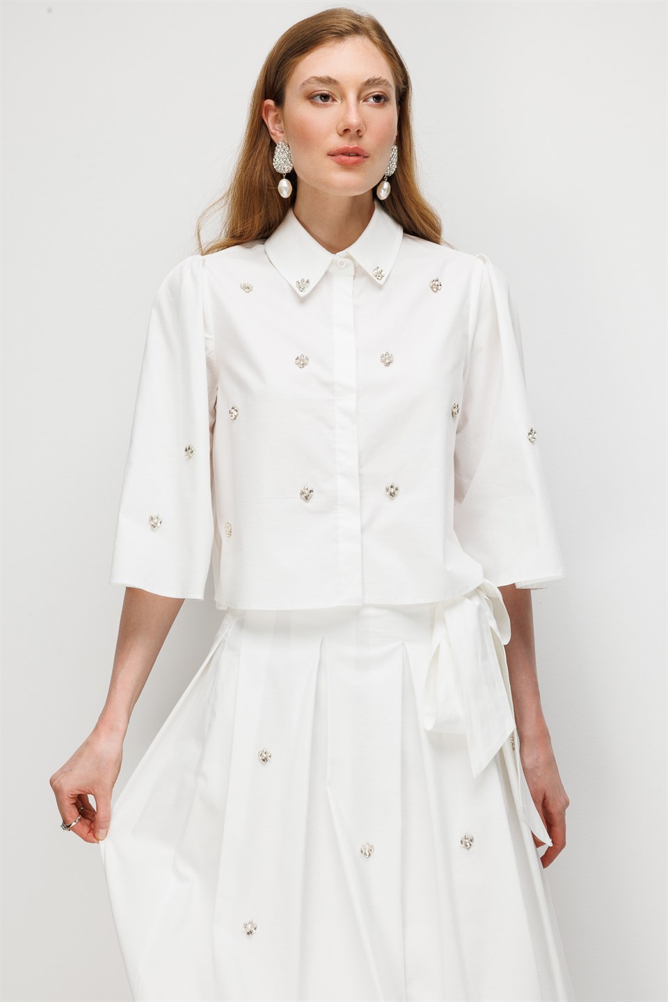 Stone Embellished Poplin Shirt, Ecru