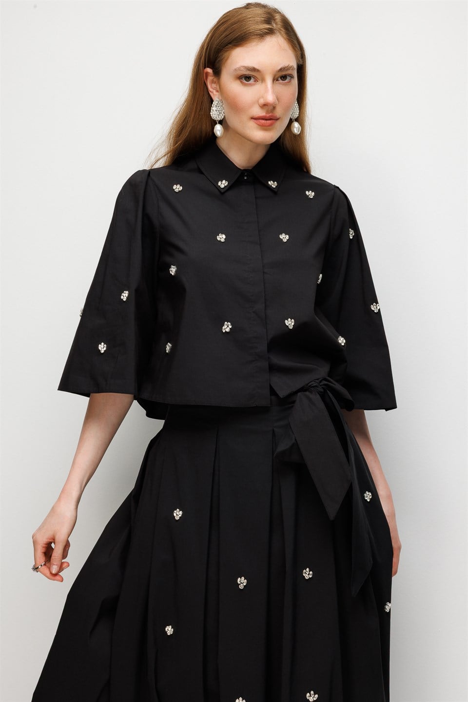 Stone Embellished Poplin Shirt Black