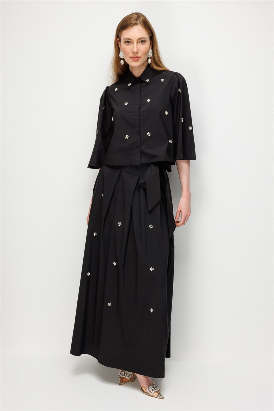 Stone Embellished Poplin Shirt Black
