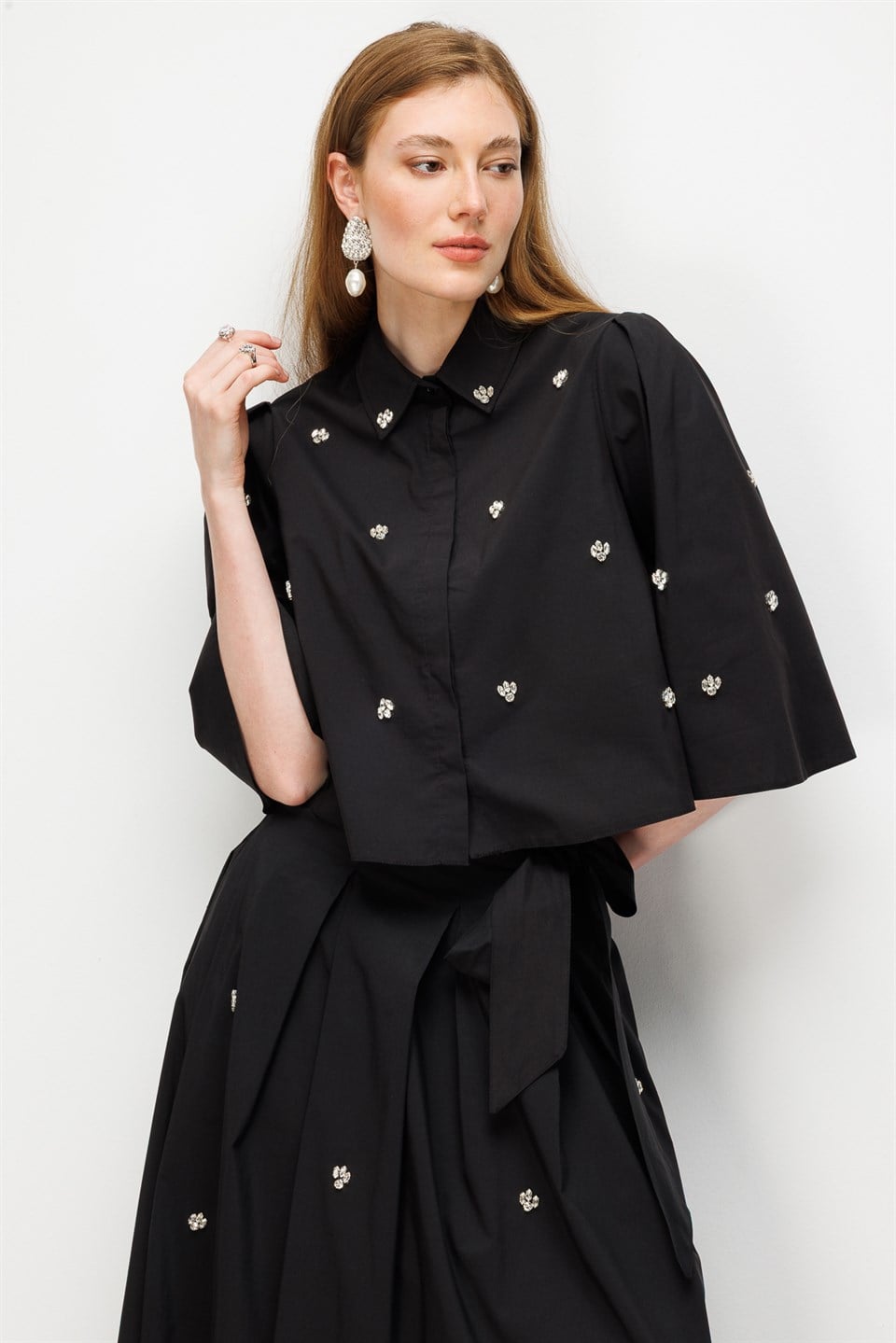Stone Embellished Poplin Shirt Black