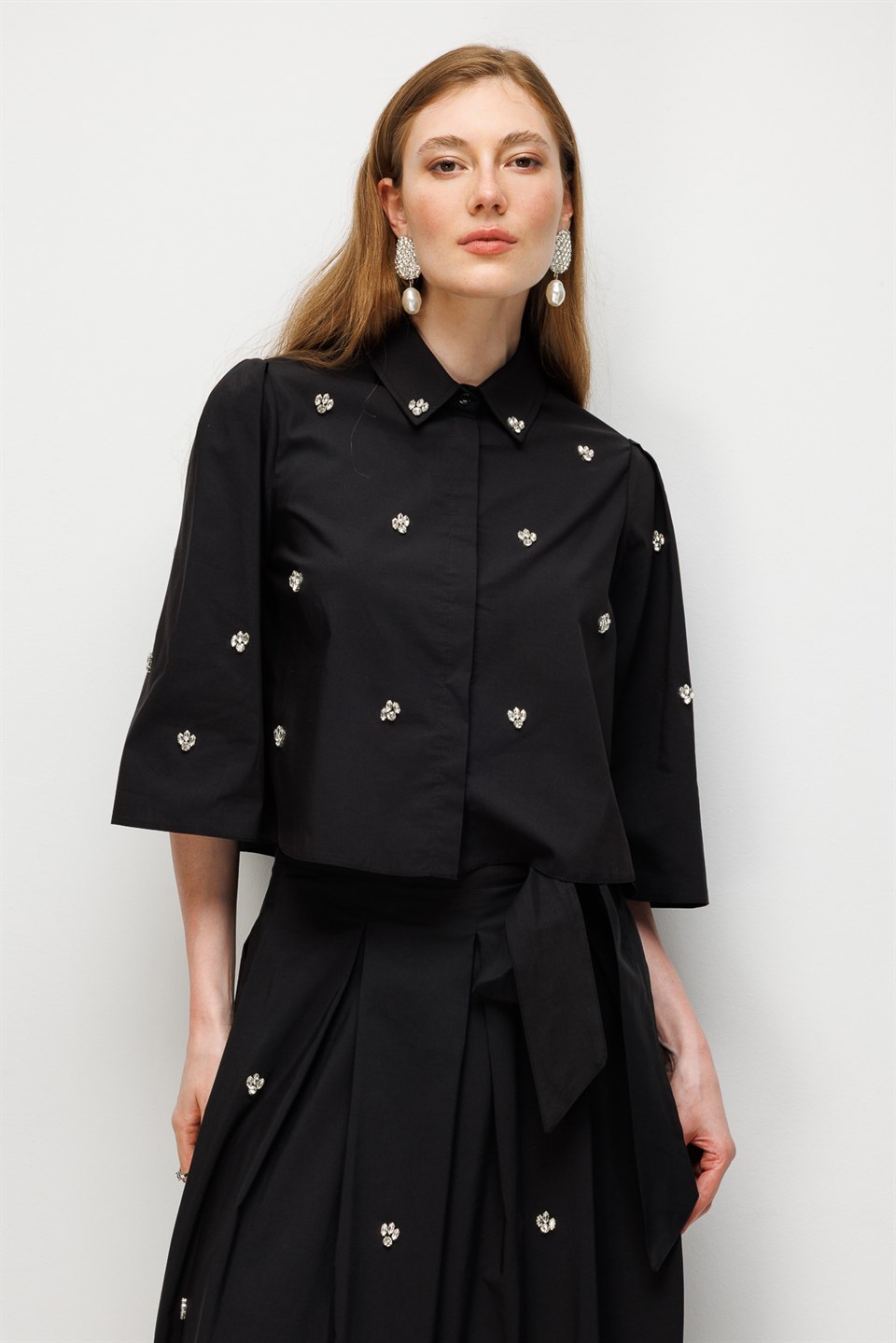 Stone Embellished Poplin Shirt Black